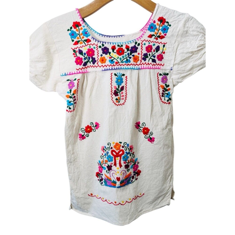 Toddler Mexican Traditional Embroidered Beige Peasant Dress Cotton Dress Size 1